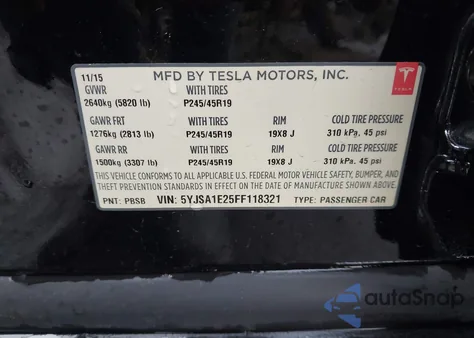 2015 Tesla Model S 70D/85D/P85D из США, поврежденный, VIN 5YJSA1E25FF118321